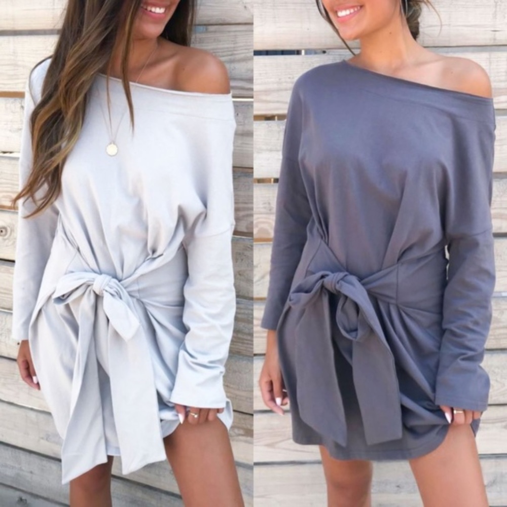 Solid Charcoal Waist Tie One Shoulder Dress - Picture 3 of 4